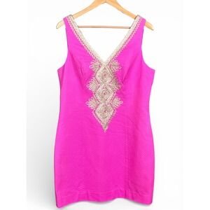Lilly Pulitzer Junie Shift Dress Berry Sangria Pink Gold Embroidered Size 10 NWT